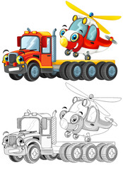 Wall Mural - happy cartoon tow truck driver with helicopter