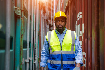Poster - Engineer or foreman checking inventory or job details with cargo container background,Logistic import export working concept.