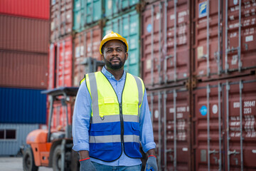 Poster - Worker check list of container cargo at container depot terminal,Working inspection audit logistic transportation concept.