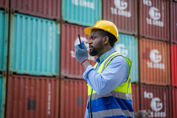 Poster - Engineer using walkie talkie checking stock into container for loading,International shipping logistics.
