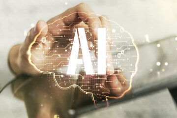 Aufkleber - Creative artificial Intelligence concept with human brain sketch and finger presses on a digital tablet on background. Double exposure
