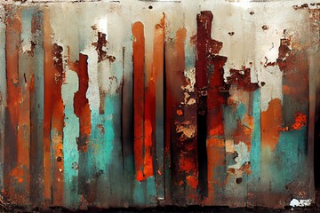 Grungy rusty metal texture background. Metal and rust as grunge background texture panorama wallpaper. Dripping paint. Vintage matted color rusty backdrop. (3d rendering)