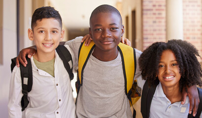 Poster - Students, diversity and education portrait, learning and happy smile after class, support or teen children. Friends, school campus and scholarship community, academy or excited for knowledge together