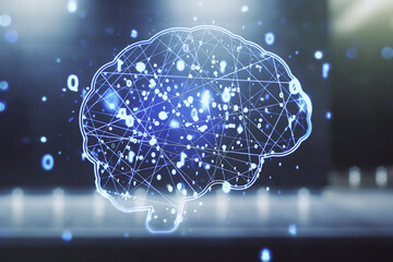 Poster - Double exposure of creative human brain microcircuit hologram on contemporary business center exterior background. Future technology and AI concept