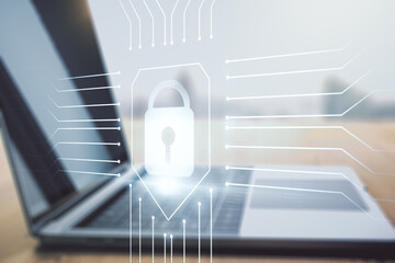 Poster - Creative lock sketch with chip hologram on modern laptop background, protection of personal data concept. Multiexposure