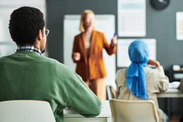 Poster - Selective focus on rear view of young Middle Eastern highschool male student sitting by desk at lesson of foreign language