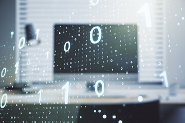 Aufkleber - Creative abstract binary code hologram on modern computer background, AI and machine learning concept. Multiexposure