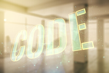 Aufkleber - Code word hologram on empty corporate office background, artificial intelligence and neural networks concept. Multiexposure