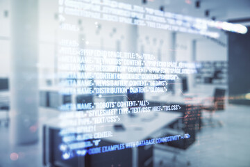 Poster - Multi exposure of abstract software development hologram on modern corporate office background, research and analytics concept