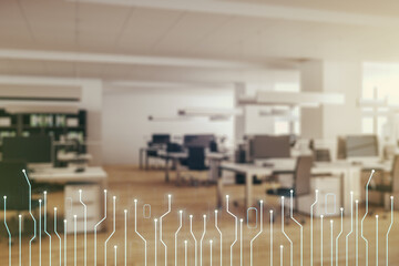 Aufkleber - Double exposure of abstract virtual circuit hologram on modern corporate office background. Research and development hardware concept