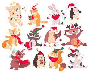 Wall Mural - Christmas childish animals flat set. Funny wild animals. Deer, owl, fox, penguin, hedgehog, squirrel and beaver. Domestic cat and dog. Zoo with different animals. Color isolated illustrations