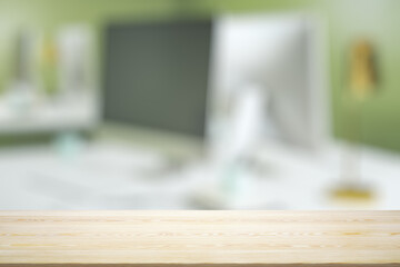 Empty office wooden desktop with empty space on modern workplace with laptop background, close up, mockup