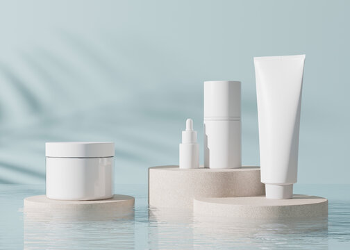 Group of white and blank, unbranded cosmetic cream jars and tubes on blue background. Skin care product presentation. Elegant mockup. Skincare, beauty and spa. Jar, tube with copy space. 3D rendering.