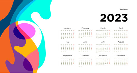 Wall Mural - New year 2023 calendar design template with geometric colorful abstract. Vector calendar design.