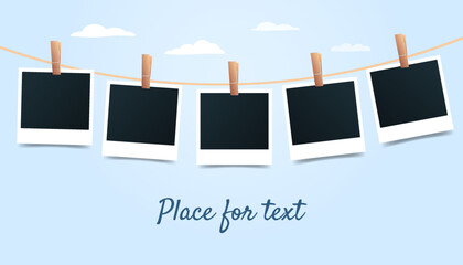 Wall Mural - Blank set photo picture frames on blue sky background. Retro snapshots, instant photos mockup hanging on a thread. Banner with place for text. Photo template. Vector illustration
