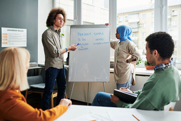 Poster - Young confident student or teacher making presentation of Present Simple tense while standing by whiteboard in front of audience