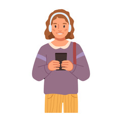 Aufkleber - Child girl wearing headphones talking on phone, video call or chatting with friends online. Communication and interaction. Flat cartoon character, vector in flat style