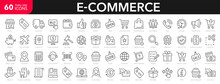 E-Commerce Line Icons Set. E-Commerce Outline Icons Collection. Shopping, Online Shop, Delivery, Marketing, Store, Money, Payment, Price - Stock Vector.