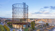 Aerial view at sunset of the Gasometer in the Ostiense district in Rome, Italy. The industrial center has been in disuse and abandoned for some time.