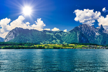 Wall Mural - Clear transparent azure Lake Thun, Thunersee, Bern, Switzerland