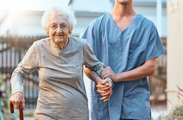 Elderly, woman and nursing home, caregiver and holding hands with healthcare for the old and support. Rehabilitation, help with care portrait and physical therapy with nurse and patient outdoor.