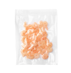 Wall Mural - Shrimps in vacuum pack on white background, top view