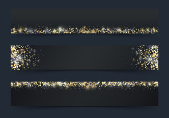 Wall Mural - Set of horizontal black and gold glitter banners. Gold dust. Merry Christmas and Happy New Year invitation template.