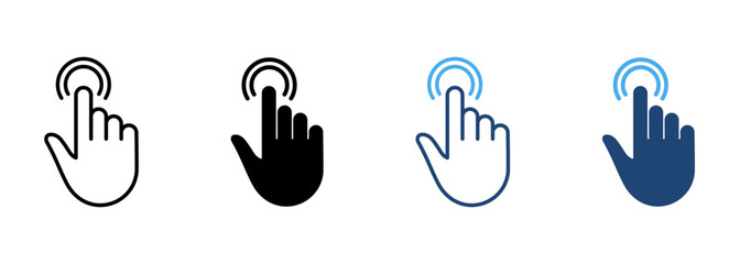 Poster - Double Click Gesture Line and Silhouette Color Icon Set. Hand Cursor of Computer Mouse Pictogram. Swipe Press Touch Point Tap Symbol Collection on White Background. Isolated Vector Illustration