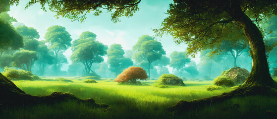 Wall Mural - Artistic concept illustration of a panoramic forest landscape, background illustration.