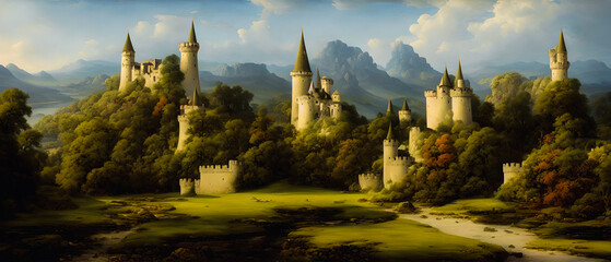 Wall Mural - Artistic concept painting of a beautiful wilderness landscape, with a picturesque castle in the background. Tender and dreamy design, background illustration.