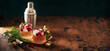 Alcoholic cocktail or non-alcoholic cocktail with vodka and cranberries with ice, shaker, jigger and bar spoon, fir branches and glowing garland for christmas on wooden background