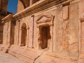 Canvas Print - Details of famous historical Southern Theater, ancient Roman structure in Jerash, Jordan.