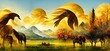 3D mural wallpaper suitable for frame canvas print . horse and golden trees with colored mountains . golden sun and birds with modern background