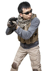 Wall Mural - Private military contractor man with modern sub machine gun weapon isolated on white background