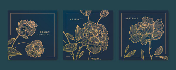 Wall Mural - vector set of gold line roses, flowers cards, square luxury design patterns, borders, frames. use fo