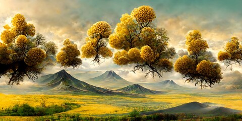 Brown trees with golden flowers and turquoise, black and gray mountains in light yellow background with white clouds and birds. 3d illustration wallpaper landscape art