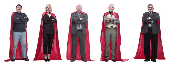 group of people in red raincoat isolated on white