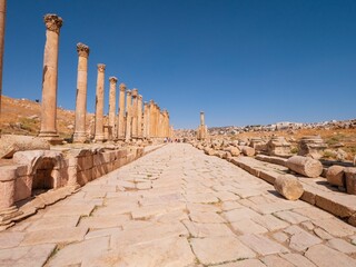 Sticker - Details of famous historical archaeological site with columns, ancient Roman structure in Jerash