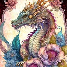 Chinese Dragon, Decorative Floral Themed Ornamental Background, Watercolor Illustration 