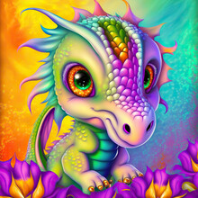 Baby Dragon In Rainbow Colors Illustration, 3d