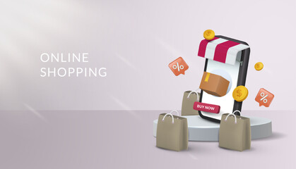 Poster - 3d vector mobile phone depicting a shopping shop on a podium. Online shopping and e-commerce applications background.