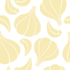 Juicy garlic pattern. Vector illustration isolated on white background. Cartoon design for paper, textile, gift wrapping, interior decor, menu.