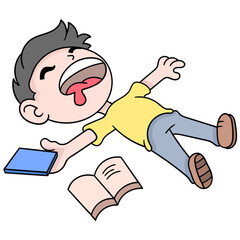 Sticker - Vector illustration of a boy cartoon character tired of studying isolated on white background