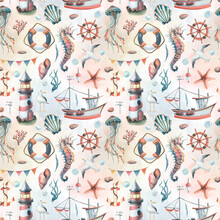 Seamless Pattern With Marine Underwater Inhabitants, A Lighthouse And A Boat. Watercolor Illustration On A White Background With Washes From The SYMPHONY OF THE SEA Collection