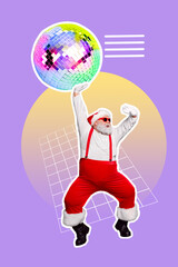 Poster - Vertical collage image of overjoyed funky santa grandfather dancing arm hold big disco ball isolated on painted background