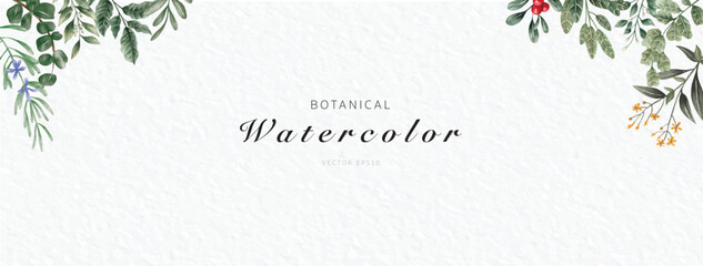 Wall Mural - Botanical green leaf watercolor painting border design on white paper texture banner background for wedding, invitiaion and greeting card decorations