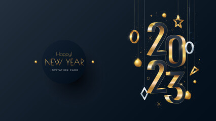 Wall Mural - Happy New Year 2023 3d text design. Gold number 2023 typography greeting card design on dark background. Vector holiday composition of numbers.