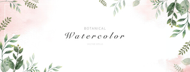Wall Mural - Lovely botanical green leaf watercolor painting border design frame on white pink banner background for wedding, invitation, greeting cards and more
