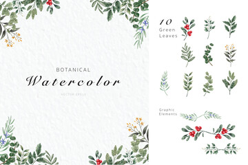 Wall Mural - Botanical green leaf watercolor painting elements for wedding, invitiaion, greeting card decorations and more