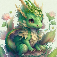 Adorable Baby Green Dragon On A White Background, Watercolor Illustration